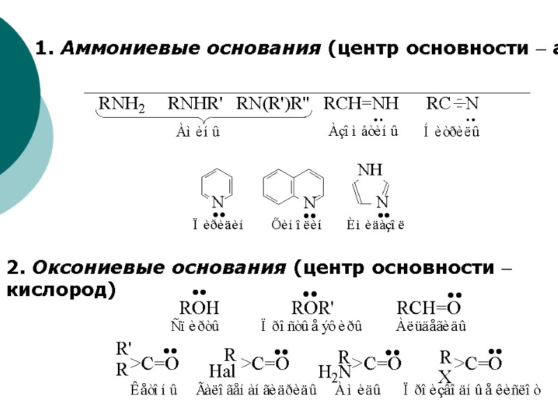 1. Аммониевые основания (центр основности  азот)  2. Оксониевые основания (центр основности 